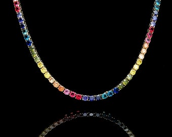 Tennis Necklace 4mm 25.00TCW Round Color Gemstone Rainbow 925 Solid Sterling Silver Chain, for women, for men, gift