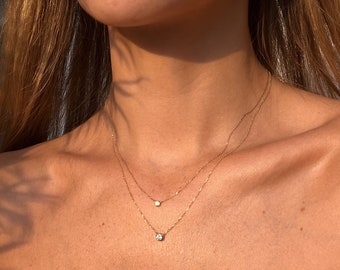 Natural Diamond Necklace Solitare Bezel 0.11ct - 0.25ct Brilliant 16" + extension Chain Solid 14k Yellow Gold / 14k While Gold Minimalist