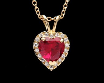 0.83CT Halo Created Diamond & Ruby Heart Pendant Solid 14k White Yellow Gold Charm