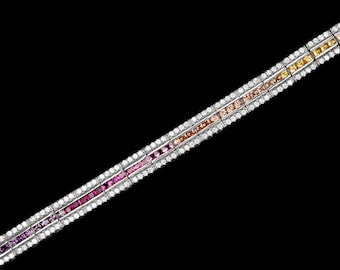 Tennis Bracelet 6.5mm 12.00TCW Princess Cut Multi-Color Gemstone 3-rows 925 Sterling Silver