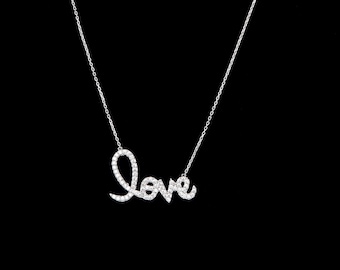 1.00ct Created Diamond LOVE Pendant 925 Sterling Silver Cable Chain Necklace 18"