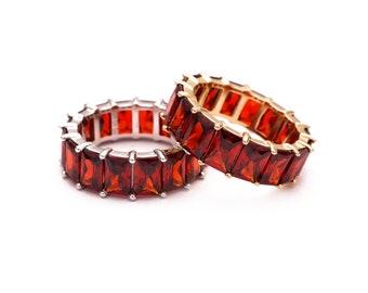10.00ct T.W Created Red Garnet Emerald Cut Eternity Ring 925 Sterling Silver 7mmBand