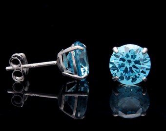 2CT Created Blue Topaz Earrings 14K Real Gold Round Solitaire Basket Studs