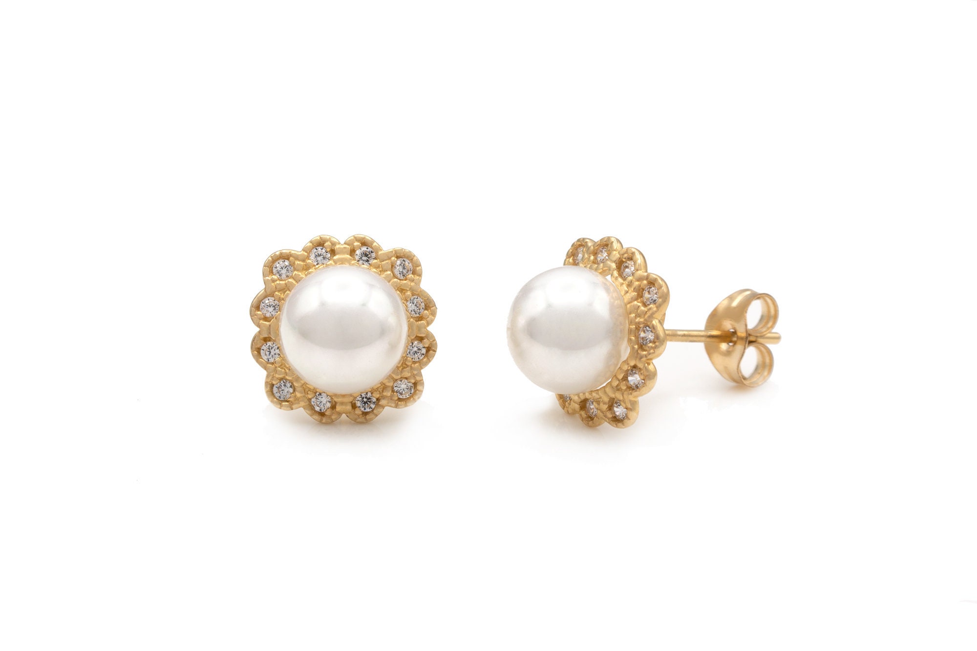 0.06CT Brilliant Created Diamond & Pearl Earrings 14k Yellow Gold ...