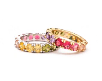 4.00CT T.W Round Created Gemstone Eternity Rainbow Band Ring 925 Sterling Silver / Gold Tone / Rose Tone 4mm