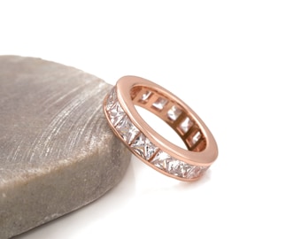6.00 TCW Princess Created Diamonds Eternity Channel Ring 925 Sterling Silver Yellow Gold Tone