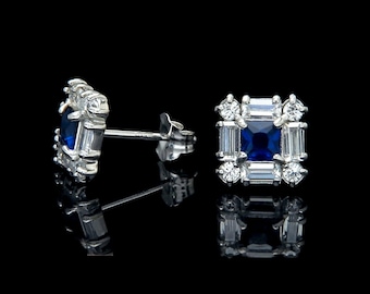1.00CT Princess Baguette Round Sapphire Diamond Cluster Earrings 14K Yellow Gold or White Gold