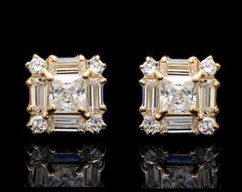 1.00CT Princess Baguette Round Created Diamond Cluster Earrings 14K Yellow or White Gold