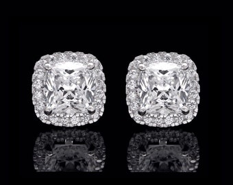 2.00 Ct Halo Cushion & Round Created Diamond and Gemstones Earrings 14K White Gold or Yellow Gold Square Studs
