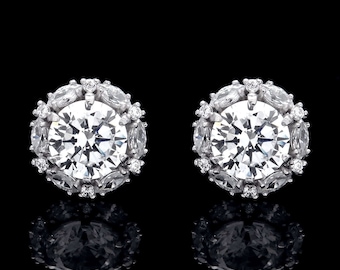 2CT Halo Marquise Round Created Diamond Meghan Royal Wedding Stud Earrings 14k Solid Yellow / White Gold