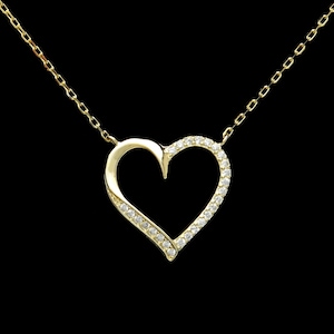 Open Heart Necklace 0.12tcw Created Diamond 925 Sterling Silver 16&quot;-18&quot; Chain Yellow Gold Tone