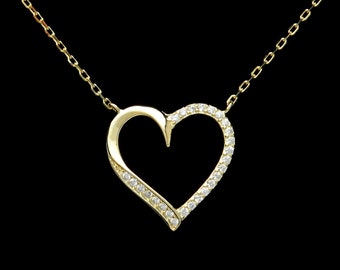 Open Heart Necklace 0.12tcw Created Diamond 925 Sterling Silver 16"-18" Chain Yellow Gold Tone