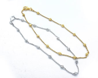 Mooncut Ball 3mm Beaded Anklet Silver / Yellow Gold Tone Real Sterling Silver 925 9"