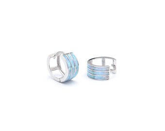 Opal Earrings 14K White Gold Solid Gold 3-Row Inlay Huggie Hoops Blue/Green/Red/Pink/Purple