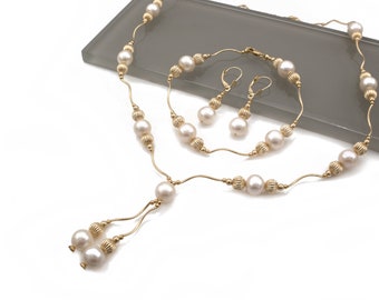 Pearl & Gold Ball Necklace Set with Bracelet and Lever-back Earrings Chain 14K Solid Yellow / White Gold  / Sterling silver 925_2