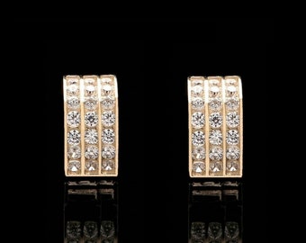 1.26TCW Round Created Diamond Huggie Hoops Earrings 3-Row 14k Gold or Sterling silver 925 13mm