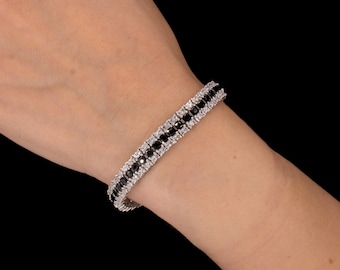 Tennis Bracelet 8mm 15.00TCW Princess Cut Three-rows Created Diamond & Black Diamond 3-rows 925 Sterling Silver