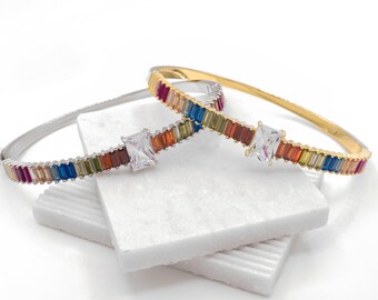 6.06 TCW Emerald Cut Created Diamond Rainbow Bangle 925 Sterling Silver with Lock Silver / Yellow Gold Tone