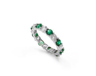 2.50-3.50ct Brilliant Created Diamond & Emerald Full Eternity Ring Solid 14k White Gold Band