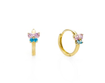 0.16tcw Created Pink Blue Topaz Butterfly Huggie Earrings 14K Yellow / White Gold