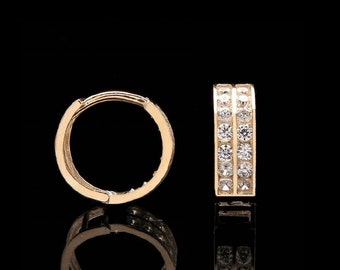 0.14 TCW Round Created Diamond Huggie Hoops Earrings Solid 14K Gold 2-Row 11mm