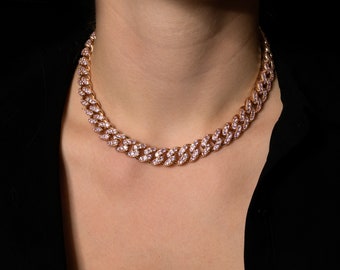Pave Miami Cuban Curb Link Created Diamond Necklace Sterling Silver 925 Rose Gold Tone 16”