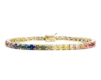 Tennis Bracelet 4mm 12.00TCW Round Cut Multi-Color Gemstone 925 Sterling Silver Gold Tone