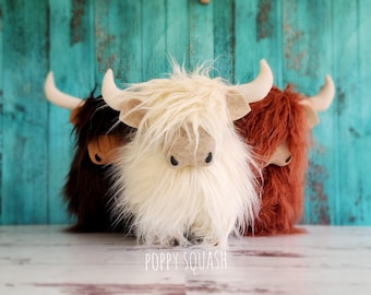 Highland Cow centerpiece • handcrafted stuffed faux fur with wood leg base • Scottish coo shelf decor • plush animal table display