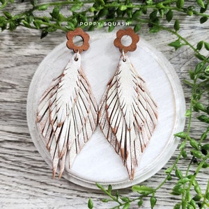 White Feather Fringe Earrings: Hand-Painted Leather,  Wood Flower Studs