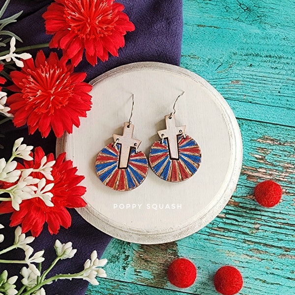 Red white and blue sun ray cross earrings  • handcrafted hand painted and distressed • patriotic, nautical, 4th of July, USA