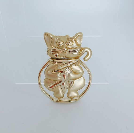 Cat and Goldfish in Bowl Brooch Pin