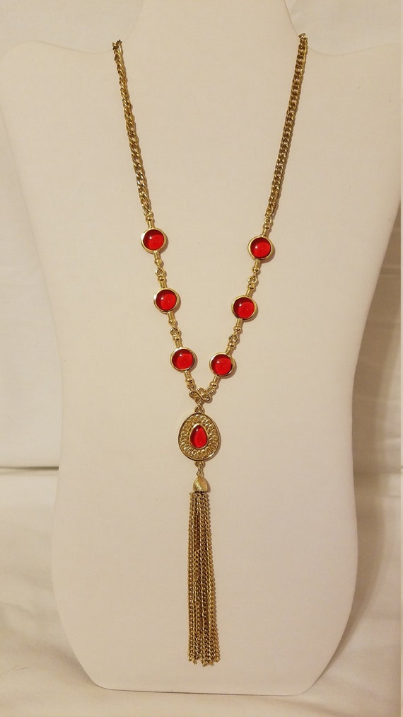 Gold Tone Red Orange Tassel Chain Necklace