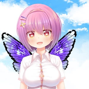 May include: A young anime character with pink hair and a purple butterfly wing design on their back. The character is wearing a white button-up shirt and smiling.