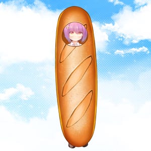 May include: A cartoon character with pink hair is inside a long, brown baguette. The baguette is standing upright against a blue sky with white clouds.