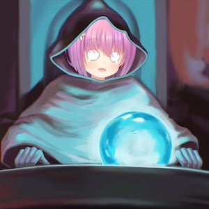 May include: A young person with pink hair wearing a blue hooded robe sits in front of a crystal ball. The person has a worried expression on their face.