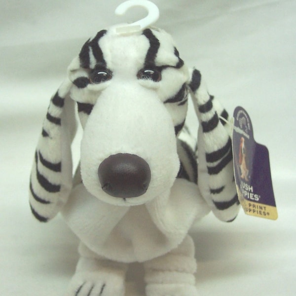 Vintage Applause Hush Puppies Zebra Print BASSET DOG 6" Bean Bag Stuffed Animal Toy NEW White Puppy