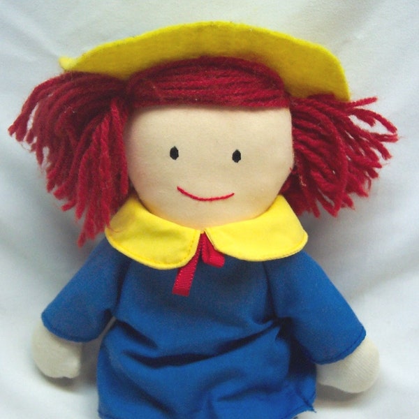 Vintage Eden 1990 MADELINE GIRL In Blue Coat Yellow Hat 9"  Plush Stuffed Animal Toy 1990's