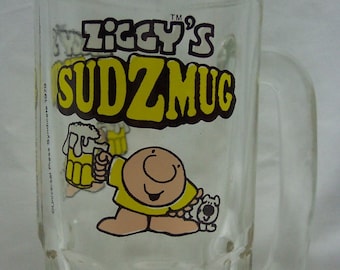 Vintage 1979 Tom Wilson ZIGGY ZIGGY'S SUDZMUG 5" Collector's Glass Mug Cup