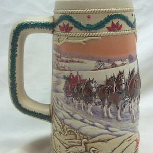 Vintage 1996 BUDWEISER American Homestead Clydesdale Horse BEER STEIN Mug Christmas Holiday Anheuser-Busch 1990&#39;s