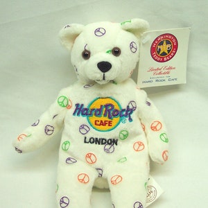 Vintage Hard Rock Cafe LONDON White Teddy Bear 8&quot;  Bean Bag Stuffed Animal Toy NEW Peace Symbol