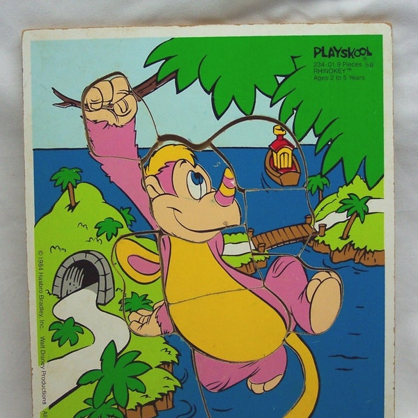 Vintage 1984 Playskool WUZZLES RHINOKEY Monkey Houten Frame Lade Puzzel #234-01 Rhino 1980's 80's