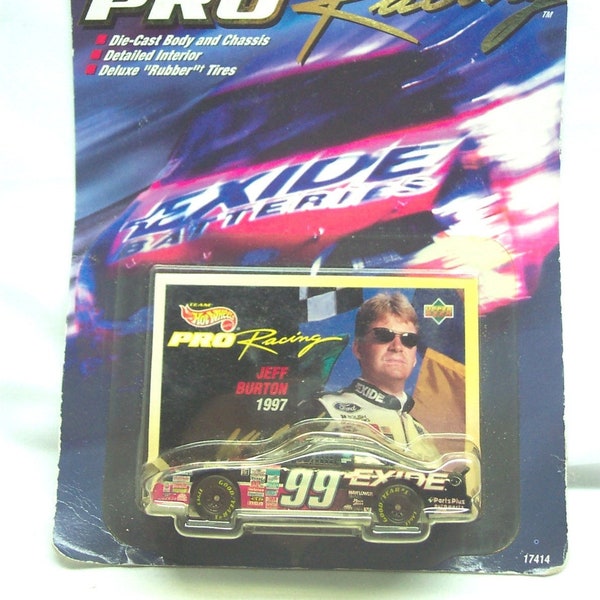 Vintage 1996 JEFF BURTON #99 Nascar Hot Wheels Die-Cast Toy Race Car New Collector's Card Racing Exide