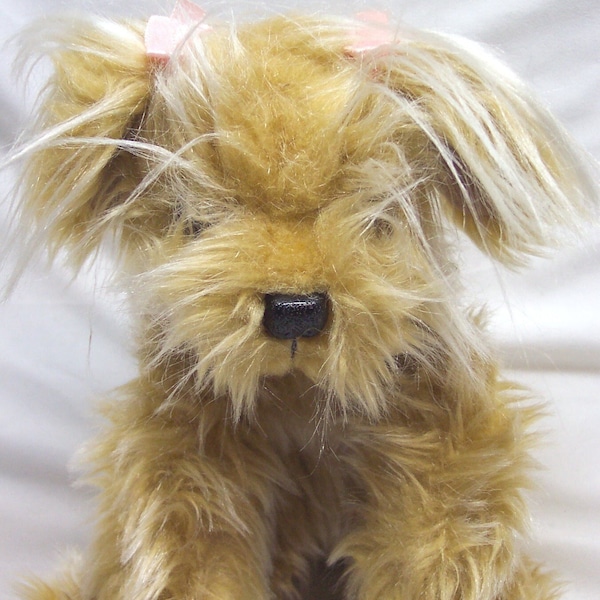 Vintage RUSS SPARKLE Tan Yorkie Terrier DOG W/ Pink Bows 7"  Plush Stuffed Animal Toy 1990's Puppy