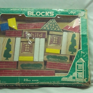 Vintage Nichigan's speelgoed houten educatieve bouwsteen set voorschoolse houten huis 26 blokken jaren 1960