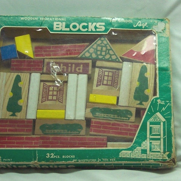 Vintage Nichigan's Toys Wooden Educational Building Block Set Preschool Wood House 26 Blocks 1960's