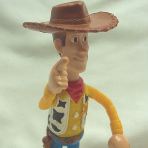 Pu&ograve; includere: Una figurina di plastica di Woody del franchise Toy Story. Woody indossa un cappello da cowboy marrone, un gilet giallo con una bandana rossa e jeans blu. Sta tenendo il braccio destro teso, puntando con l'indice.