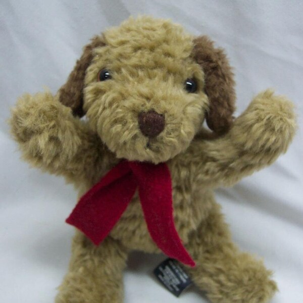 Vintage Old Navy Baby Tan & Brown PUPPY DOG WITH Red Scarf  5" Plush Stuffed Animal Toy 1990's