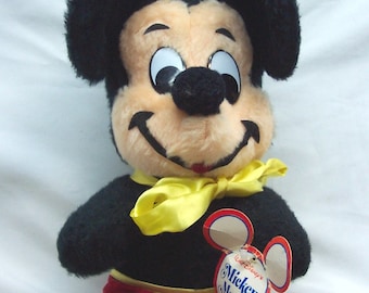 Antique Walt Disney MICKEY MOUSE 11" Plush Stuffed Animal TOY with Paper Tag 1970's Vintage