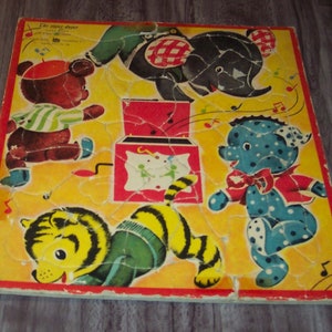 Antique 1950&#39;s CIRCUS ANIMALS Playtime House The Super Duper Inlaid Children&#39;s Frame Tray PUZZLE Vintage Elephant Tiger Bear A-4007