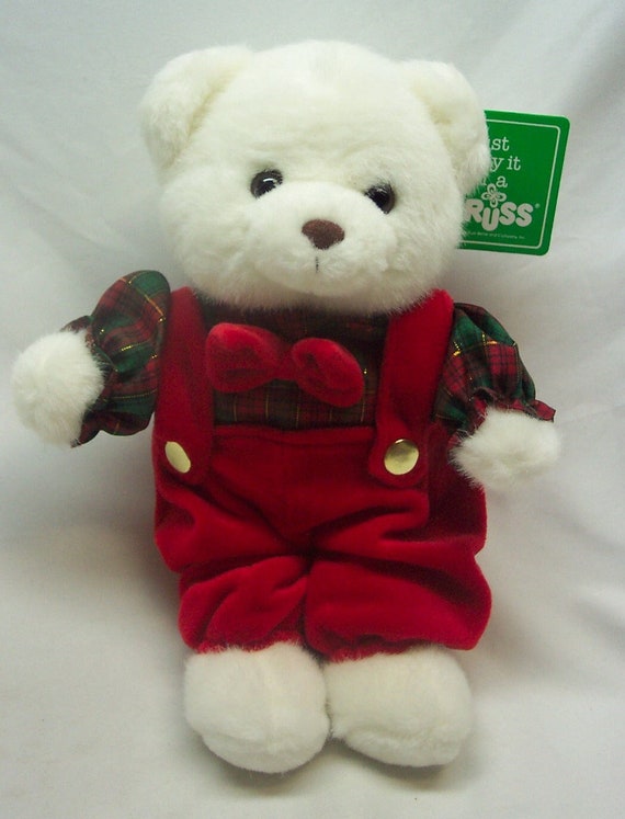 Vintage RUSS KRINGLE White Teddy Bear Christmas Overalls 11